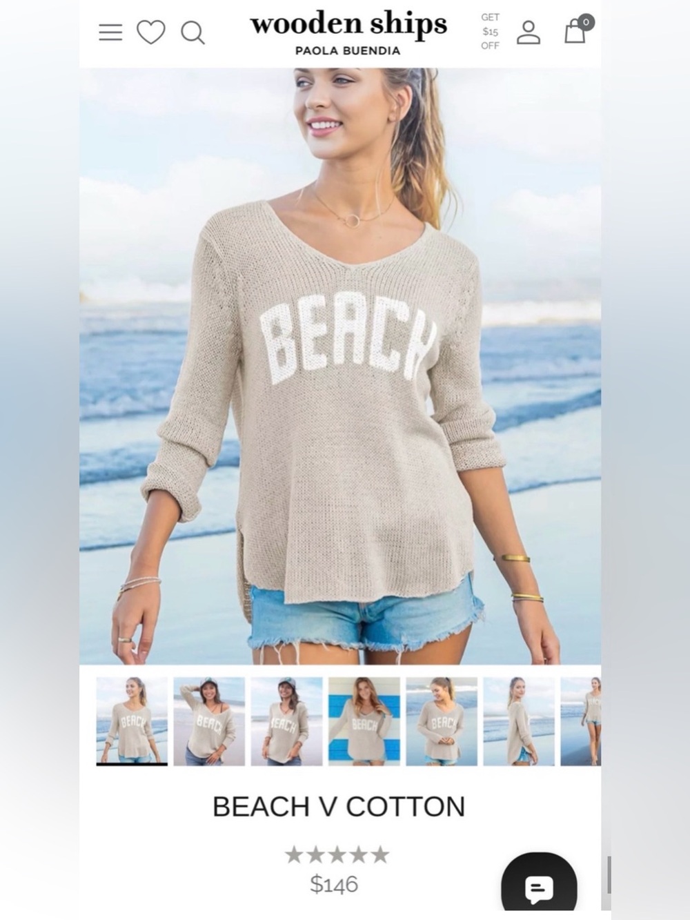 Women’s Wooden Ships Taupe V-Neck 'Beach' Cotton Sweater (Size XS)